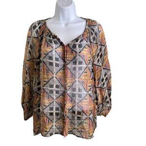 Tucker Women's Silk Peasant Blouse Size L‎ Cottegecore Boho Hippie Flowy Aztec